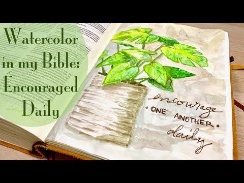 Watercolor Monstera in my Journaling Bible | Be Encouraged! (Heb. 3:13)
